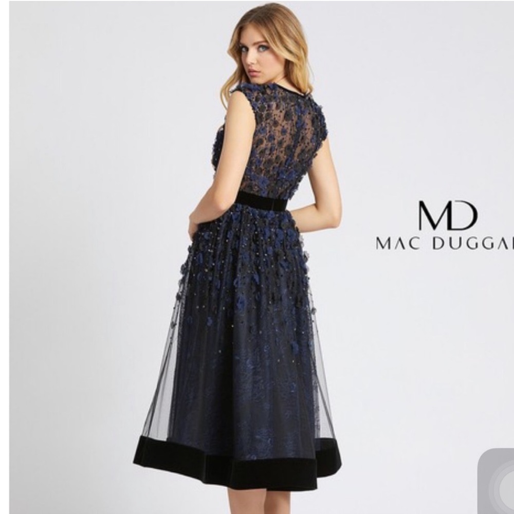 Mac Duggal NWT navy blue and black dress with gorgeous sheer and velvet details